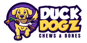 Duck Dogz Chews & Bones logo with a yellow dog and a duck